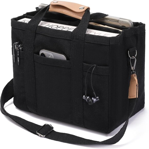 Black Canvas Tote Bag for Women with Multiple Pockets, Adjustable Crossbody Stra - Picture 1 of 6